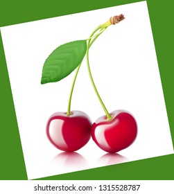 Cherry with a green leaf and realistic shadow isolated on white background. Vector illustration. EPS10.