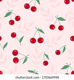 Cherry with green leaf seamless on pink background vector illustration. Cute cartoon fruit pattern. 