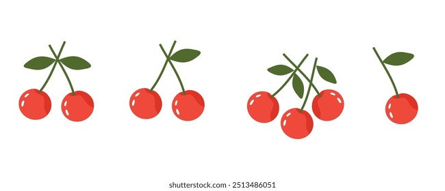 Cherry with green leaves logo set isolated on white background vector. 