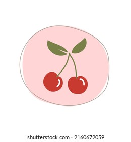Cherry with green leaves on pink circle sign vector illustration.