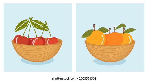 Cherry with green leaves and oranges in wooden bowls on blue backgrounds vector illustration.