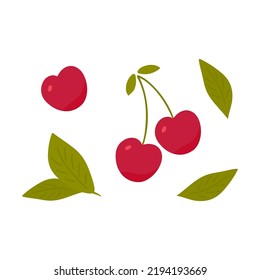 Hojas de té verde y cereza sobre fondo blanco