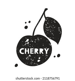 Pegatina de grano de cereza. Silueta de textura negra con letras en el interior. Imitación del sello, impresión con escaramuzas. Ilustración aislada dibujada a mano sobre fondo blanco