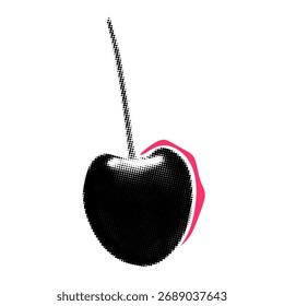 Cherry halftone collage element. Grunge cut out shape with dotted texture. Trendy Y2K style