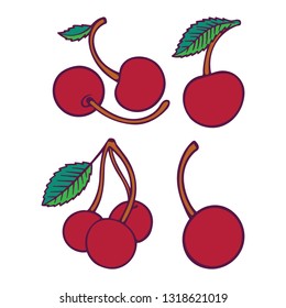 Cherry. Hand drawn cartoon style cherry illustrations set.
Cherry sketch drawings.