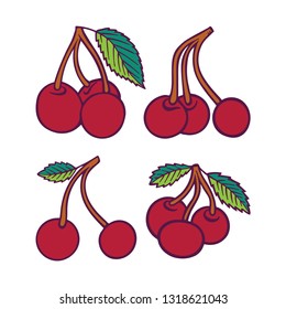 Cherry. Hand drawn cartoon style cherry illustrations set.
Cherry sketch drawings.
