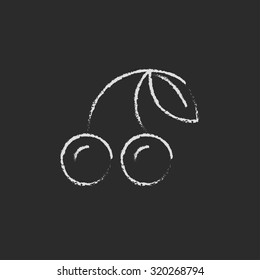 Mano de cereza dibujada en tiza sobre un icono blanco vector de pizarra aislado en un fondo negro.