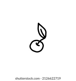 Icono de línea negra simple dibujado a mano cereza, ilustración vectorial estilo doodle aislada en fondo blanco. Berry de cerezo dulce con dibujo a mano de hoja.