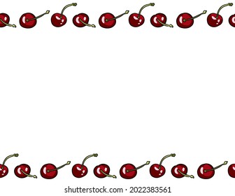 Cherry hand drawn vector outline doodles seamless border pattern. Cute colorful juicy berries top view banner mock up. Letter format vector decoration background texture tile. Space for your text