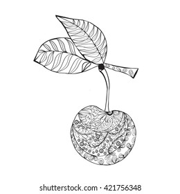Cherry. Hand-drawn, ethnic, doodle, vector, zentangle, tribal design element. Black and white background.