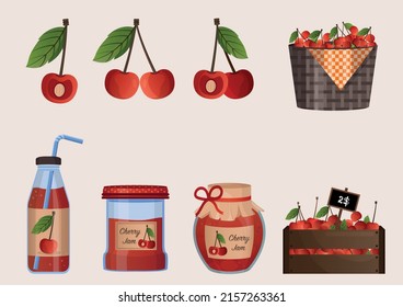 Cherry harvest large collection. Red cherry on branch, in basket, juice, jam, marmalade, pastila. Fruits