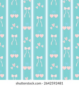 cherry heart bow on green background, fabric pattern, blue lines, gift wrapping paper, seamless pattern 