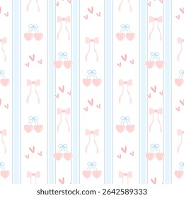 cherry heart bow on white background, fabric pattern, blue lines, gift wrapping paper, seamless pattern 