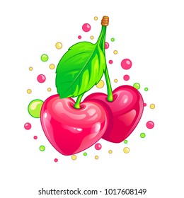 Cherry Heart colorful vector illustration. Isolated on white. For clothes and graphic design, prints, posters, package, stickers, greeting cards, menu and invitations. Valentine’s Day design