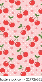 Cherry and heart polka dot Pattern, Red seamless cherry, Cherry pink Backgrounds, Cherry Wallpaper Love Cards Vector Stock Vector Illustration. 