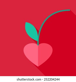 Cherry heart shaped. Flat stylized object with long shadow
