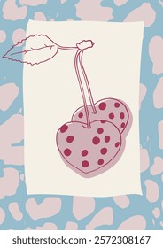 Cherry with heart Vector poster design for printing. Valentines day line art illustration. Festive Greeting card.
