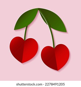 Corazón de cerezo con estilo de corte de papel. Ilustración de un par de bayas. Vector.