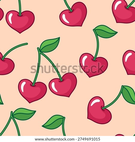 Cherry hearts seamless pattern, love berries background