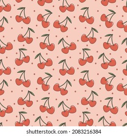 Cherry hearts vector doodle seamless pattern on pink background