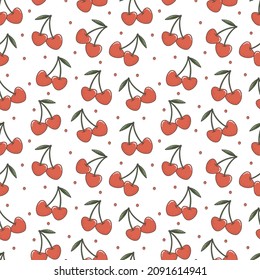 Cherry hearts vector doodle seamless pattern on white background