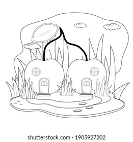 Cherry house in the middle of the forest. Black and white vector illustration for a coloring book