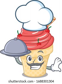 cherry ice cream as a chef cartoon character with food on tray