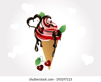 Cherry ice cream in cone with chocolate