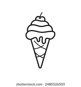 Helado de cereza. Cono de helado. Colorear. Ilustración vectorial en blanco y negro.