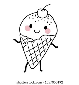 Cherry ice cream cone with face, arms and legs. Cute kawaii cartoon dessert. Doodle character on white background. Vector line illustration for kids design, colorings.