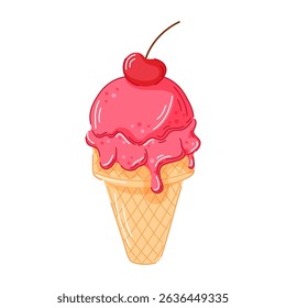 Cone de sorvete de cereja com colher de derretimento rosa e cereja vermelha no topo em waffle cone em estilo cartoon. Perfeito para menu de sobremesa, doce de verão ou design gráfico de comida. Isolado em um fundo branco.