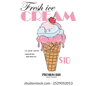 Cherry ice cream design. Fresh ice cream graphic print design for t shirt, apparel, posters, background and others. Retro ice cream hand drawn vector art, Enjoy summer with sweet ice cream. 