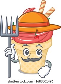 Cherry ice cream in Farmer cartoon character with hat and pitchfork