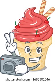 Cherry ice cream mascot design as a professional photographer with a camera