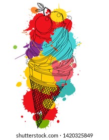 Cherry ice cream outlined over colored spot, vector icon