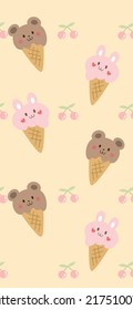 Cherry and ice cream rabbit and bear Pattern, Pink seamless Cherry, Cherry cream color Background, Cherry Wallpaper Love Cards Vector Stock Vector Illustration.