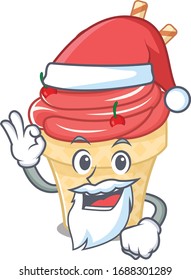 Cherry ice cream in Santa cartoon character design showing ok finger