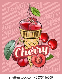 Cherry ice cream scoop in cones. Vector sketch illustration. Fruit ice cream idea, concept