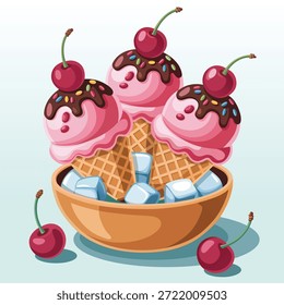 Cucharadas de helado de cereza con cobertura de chocolate en conos de gofre Ilustración de postre