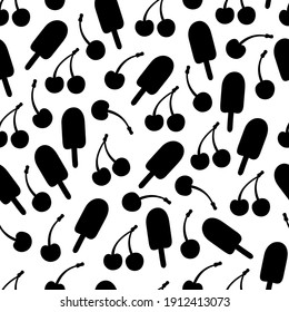 Patrón transparente de helado de cerezo. Textura vectorial para textil, envoltura, papel pintado y otras superficies. Silueta negra