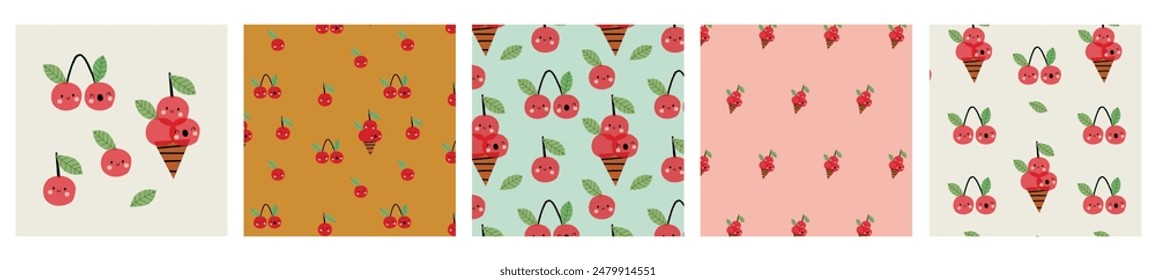 Juego de helados de cereza. Lindos patrones con cerezas y helado. Un lindo estampado en tela o Fondo de pantalla.