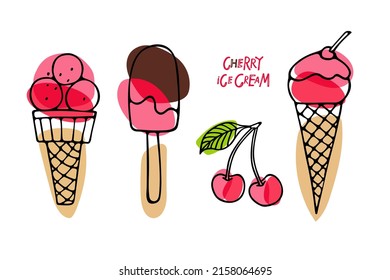 Cherry ice cream Set. Ice cream types, cherry berries, slice fruit Hand drawn sketch. Delicious summer desserts. Bright summertime sweet food. Vector for cafe, restaurant menu, recipes