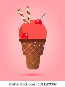 Cherry ice cream with wafer rolls in waffle cup, dairy product. Ice cream scoop image in flat style. Vector illustration.