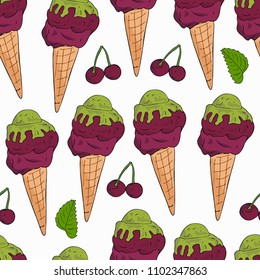 Cherry ice cream waffle cones with mint leaves seamless pattern for wallpapers, textiles, papers, fabrics, web pages. Food ornament, vintage style, hand-drawn.