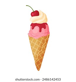 Cherry Ice Cream with whipped cream and syrup in a waffle cone. Ripe berry Cool refreshing dessert Hand drawn flat style isolated cheerful and summery appearance. Vector illustration