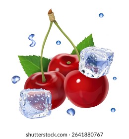 Cherry with ice cube. 3d frozen transparent water cubes and red cherries vector isolated on white