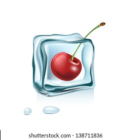 cherry in ice cube isolated on white background