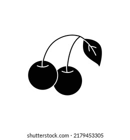 Icono de cereza en glifo plano negro, estilo relleno aislado en fondo blanco