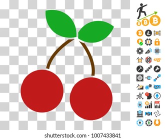 Cherry icon with bonus bitcoin mining and blockchain pictures. Vector illustration style is flat iconic symbols. Designed for crypto currency apps.