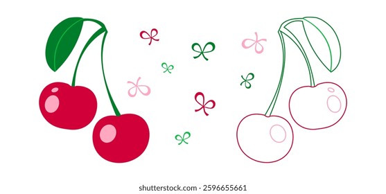 Cherry icon with bow, cartoon red fruit, two coquette berry flat and line design, green leaves, sweet fresh set isolated on white background. Funny vector illustration